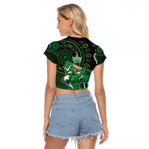 Melbourne Stars Cricket Mascot Raglan Cropped T Shirt Aboriginal Dot Art Green And Black Tribal Pattern