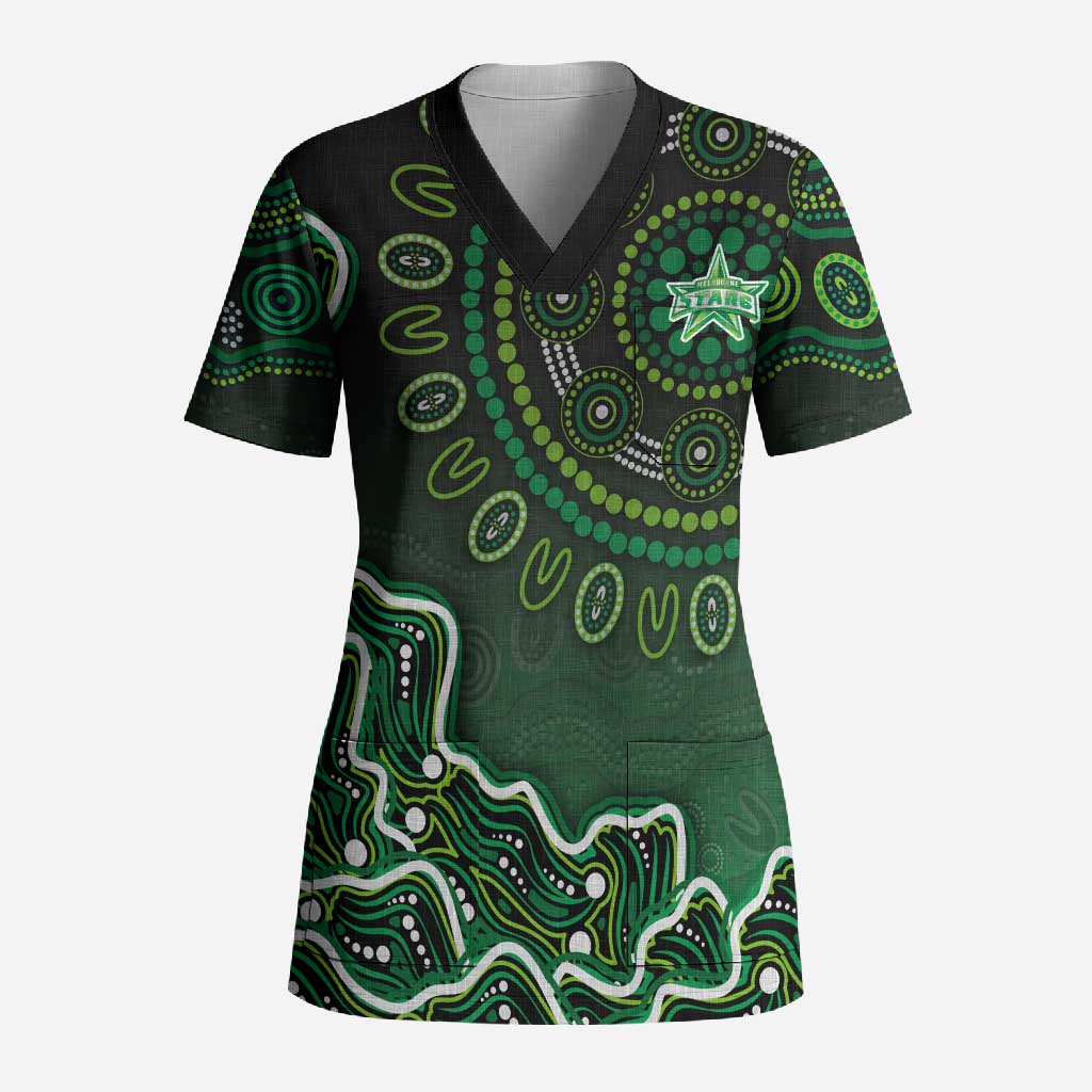 Melbourne Stars Cricket Mascot Scrub Top Aboriginal Dot Art Green And Black Tribal Pattern