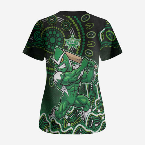Melbourne Stars Cricket Mascot Scrub Top Aboriginal Dot Art Green And Black Tribal Pattern