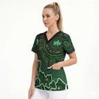 Melbourne Stars Cricket Mascot Scrub Top Aboriginal Dot Art Green And Black Tribal Pattern
