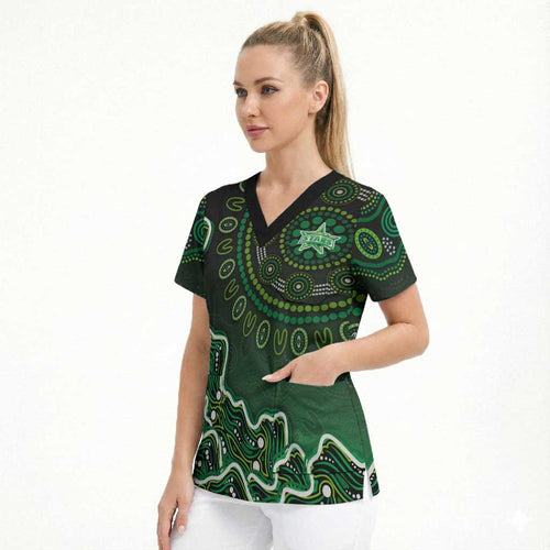 Melbourne Stars Cricket Mascot Scrub Top Aboriginal Dot Art Green And Black Tribal Pattern