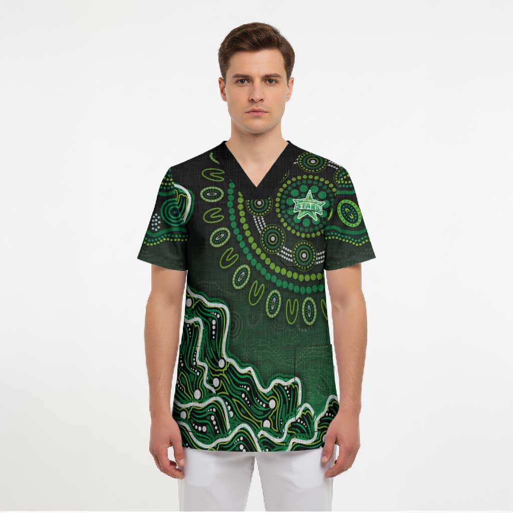 Melbourne Stars Cricket Mascot Scrub Top Aboriginal Dot Art Green And Black Tribal Pattern