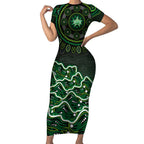 Melbourne Stars Cricket Mascot Short Sleeve Bodycon Dress Aboriginal Dot Art Green And Black Tribal Pattern