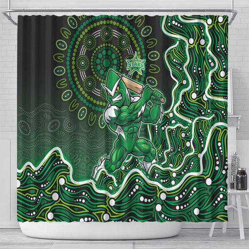 Melbourne Stars Cricket Mascot Shower Curtain Aboriginal Dot Art Green And Black Tribal Pattern