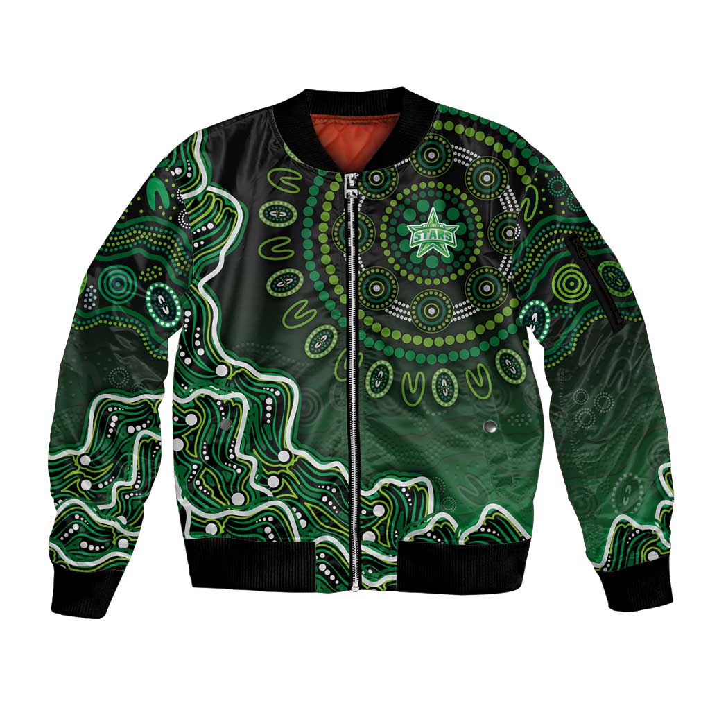 Melbourne Stars Cricket Mascot Sleeve Zip Bomber Jacket Aboriginal Dot Art Green And Black Tribal Pattern