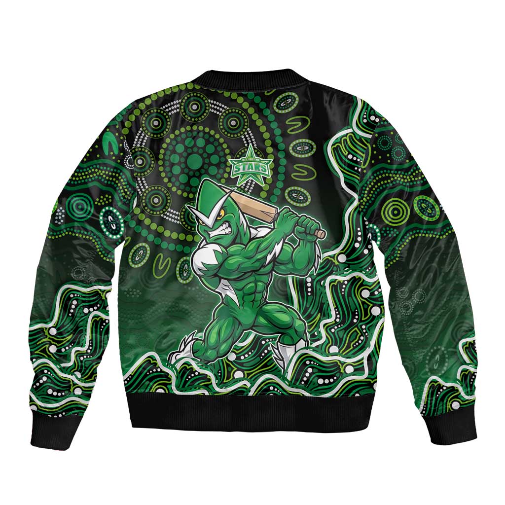 Melbourne Stars Cricket Mascot Sleeve Zip Bomber Jacket Aboriginal Dot Art Green And Black Tribal Pattern