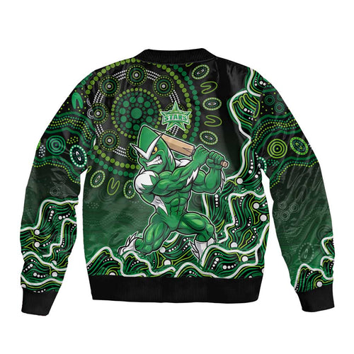 Melbourne Stars Cricket Mascot Sleeve Zip Bomber Jacket Aboriginal Dot Art Green And Black Tribal Pattern