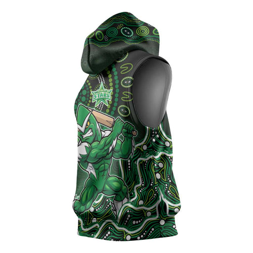 Melbourne Stars Cricket Mascot Sleeveless Hoodie Aboriginal Dot Art Green And Black Tribal Pattern