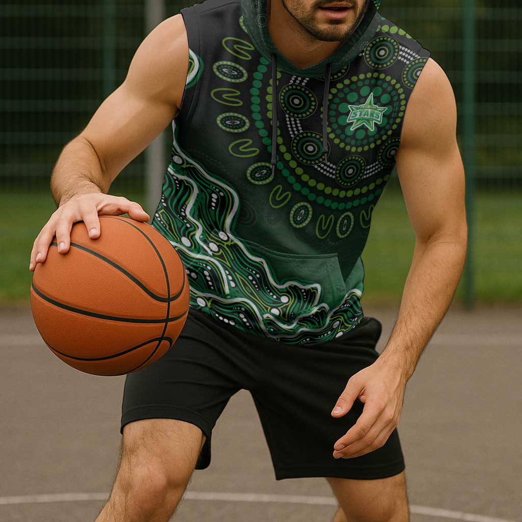Melbourne Stars Cricket Mascot Sleeveless Hoodie Aboriginal Dot Art Green And Black Tribal Pattern