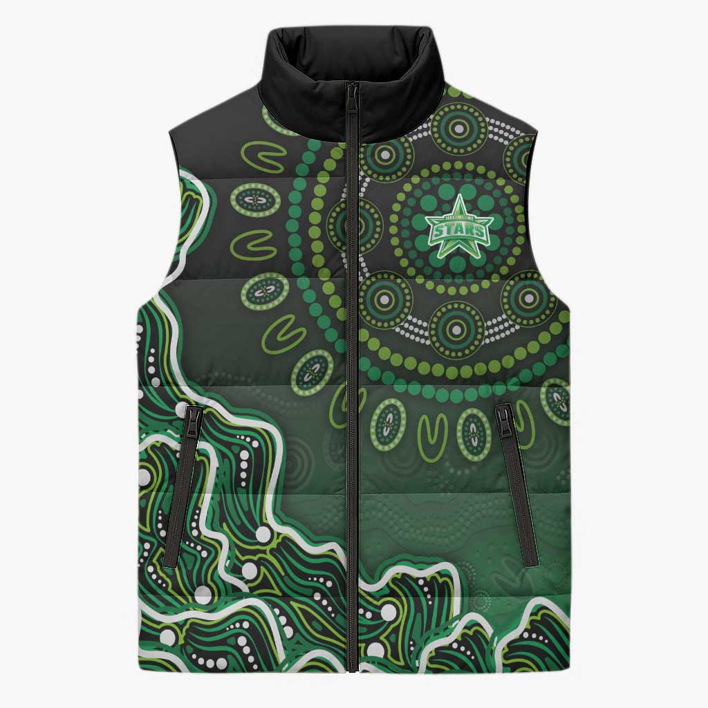 Melbourne Stars Cricket Mascot Sleeveless Puffer Jacket Aboriginal Dot Art Green And Black Tribal Pattern