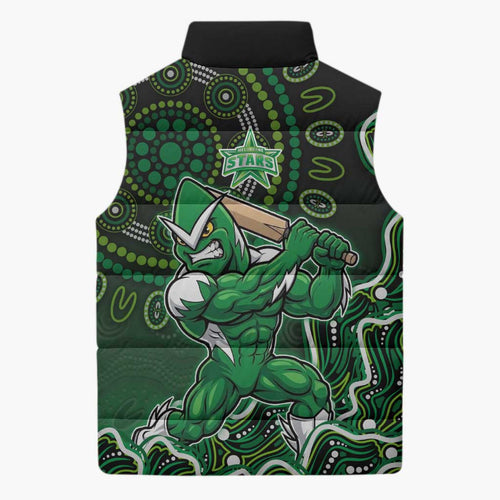 Melbourne Stars Cricket Mascot Sleeveless Puffer Jacket Aboriginal Dot Art Green And Black Tribal Pattern