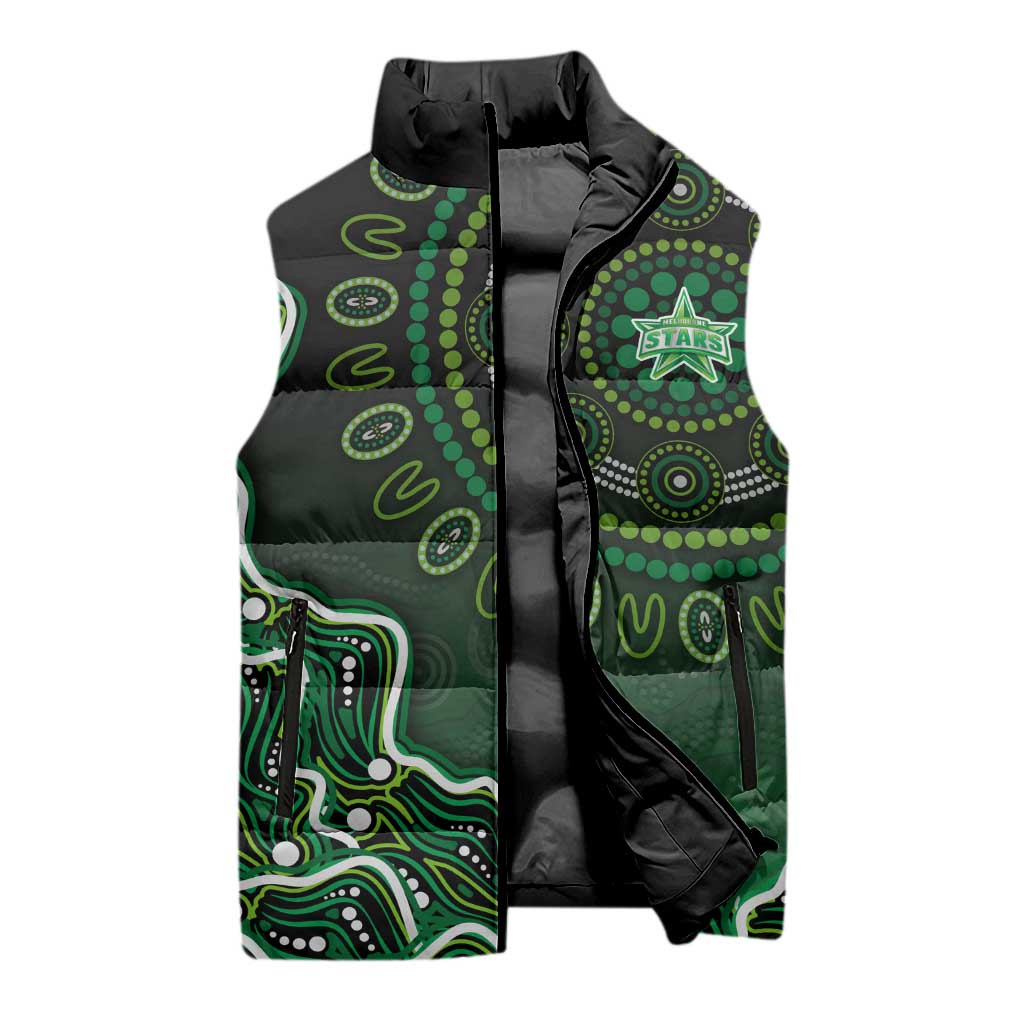 Melbourne Stars Cricket Mascot Sleeveless Puffer Jacket Aboriginal Dot Art Green And Black Tribal Pattern