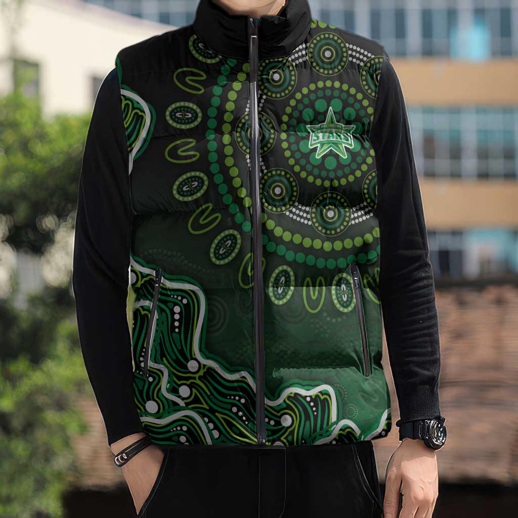 Melbourne Stars Cricket Mascot Sleeveless Puffer Jacket Aboriginal Dot Art Green And Black Tribal Pattern