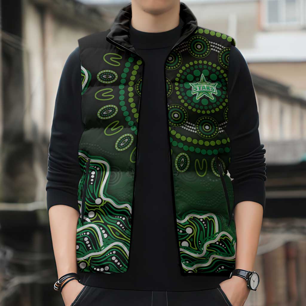 Melbourne Stars Cricket Mascot Sleeveless Puffer Jacket Aboriginal Dot Art Green And Black Tribal Pattern