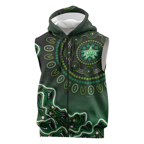 Melbourne Stars Cricket Mascot Sleeveless Zip Hoodie Aboriginal Dot Art Green And Black Tribal Pattern