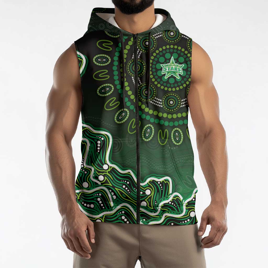 Melbourne Stars Cricket Mascot Sleeveless Zip Hoodie Aboriginal Dot Art Green And Black Tribal Pattern