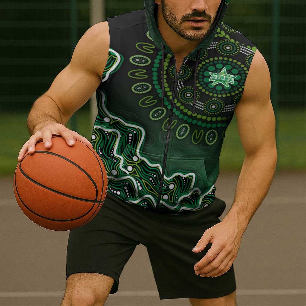 Melbourne Stars Cricket Mascot Sleeveless Zip Hoodie Aboriginal Dot Art Green And Black Tribal Pattern