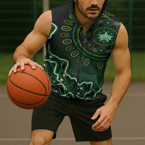 Melbourne Stars Cricket Mascot Sleeveless Zip Hoodie Aboriginal Dot Art Green And Black Tribal Pattern