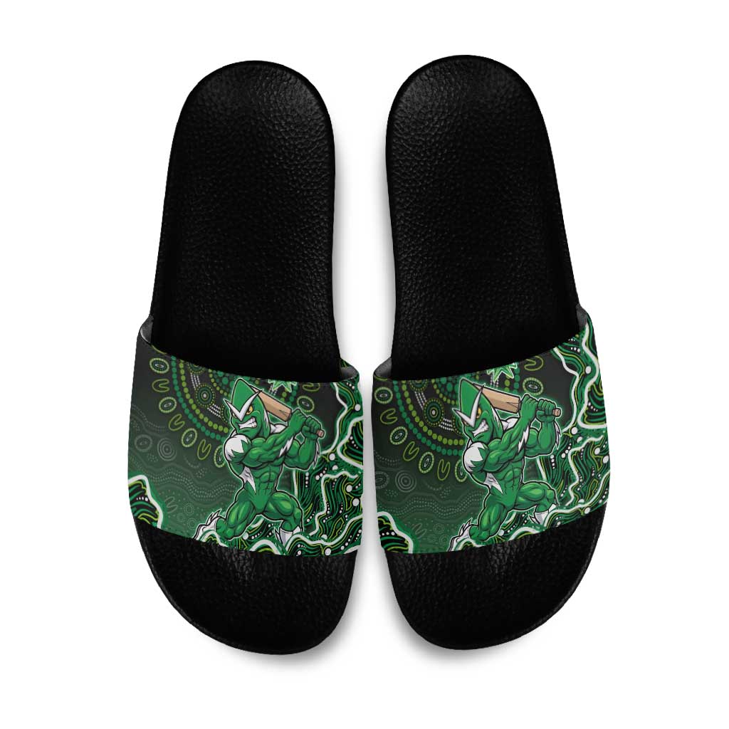 Melbourne Stars Cricket Mascot Slide Sandals Aboriginal Dot Art Green And Black Tribal Pattern