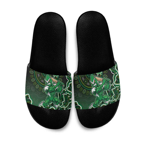 Melbourne Stars Cricket Mascot Slide Sandals Aboriginal Dot Art Green And Black Tribal Pattern