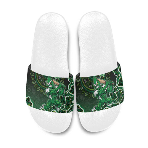 Melbourne Stars Cricket Mascot Slide Sandals Aboriginal Dot Art Green And Black Tribal Pattern