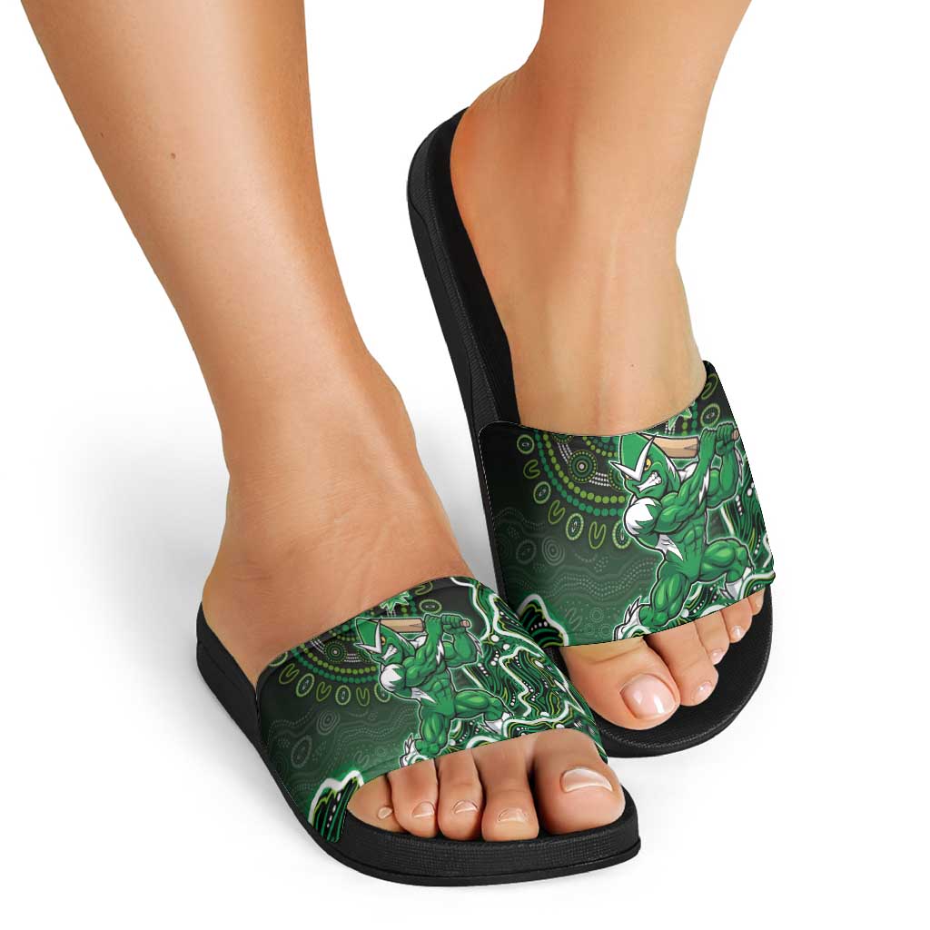 Melbourne Stars Cricket Mascot Slide Sandals Aboriginal Dot Art Green And Black Tribal Pattern