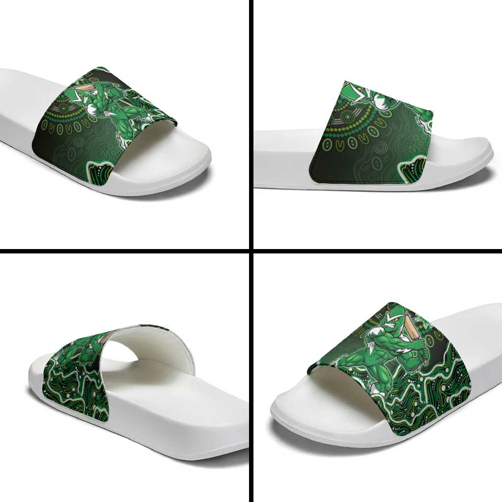 Melbourne Stars Cricket Mascot Slide Sandals Aboriginal Dot Art Green And Black Tribal Pattern