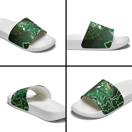 Melbourne Stars Cricket Mascot Slide Sandals Aboriginal Dot Art Green And Black Tribal Pattern