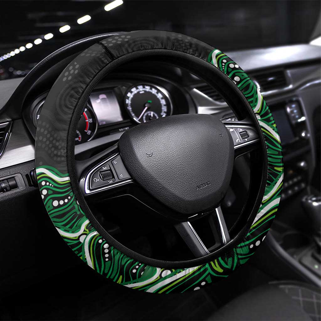 Melbourne Stars Cricket Mascot Steering Wheel Cover Aboriginal Dot Art Green And Black Tribal Pattern