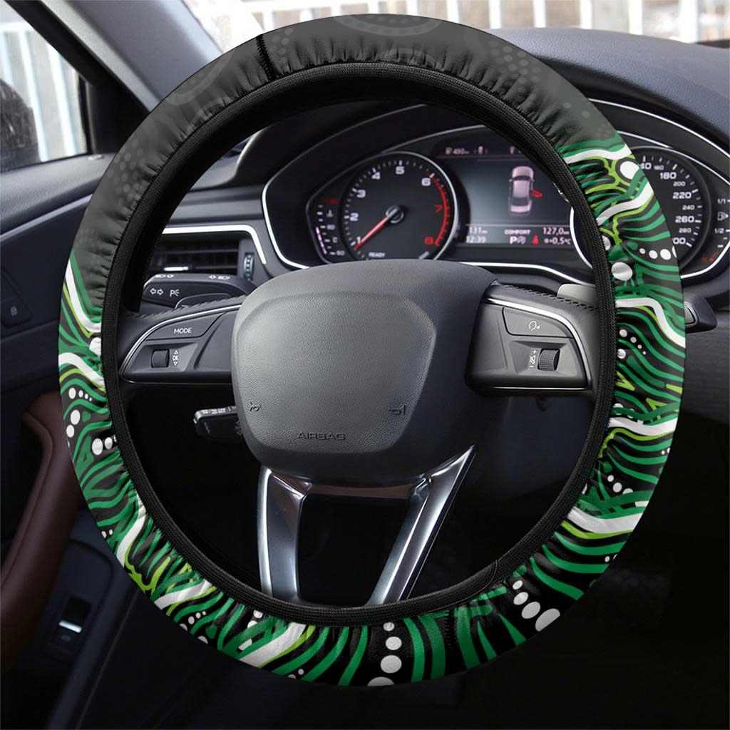 Melbourne Stars Cricket Mascot Steering Wheel Cover Aboriginal Dot Art Green And Black Tribal Pattern