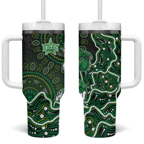 Melbourne Stars Cricket Mascot Tumbler With Handle Aboriginal Dot Art Green And Black Tribal Pattern