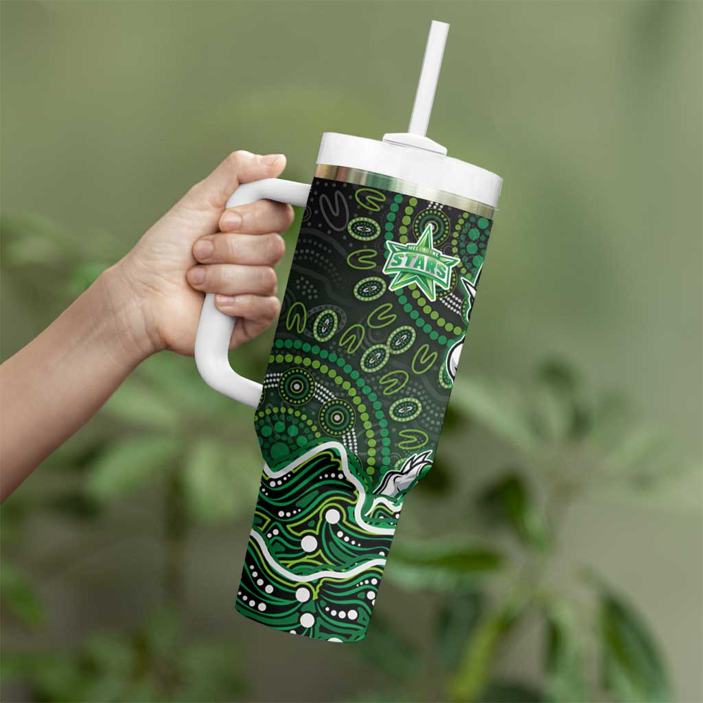 Melbourne Stars Cricket Mascot Tumbler With Handle Aboriginal Dot Art Green And Black Tribal Pattern