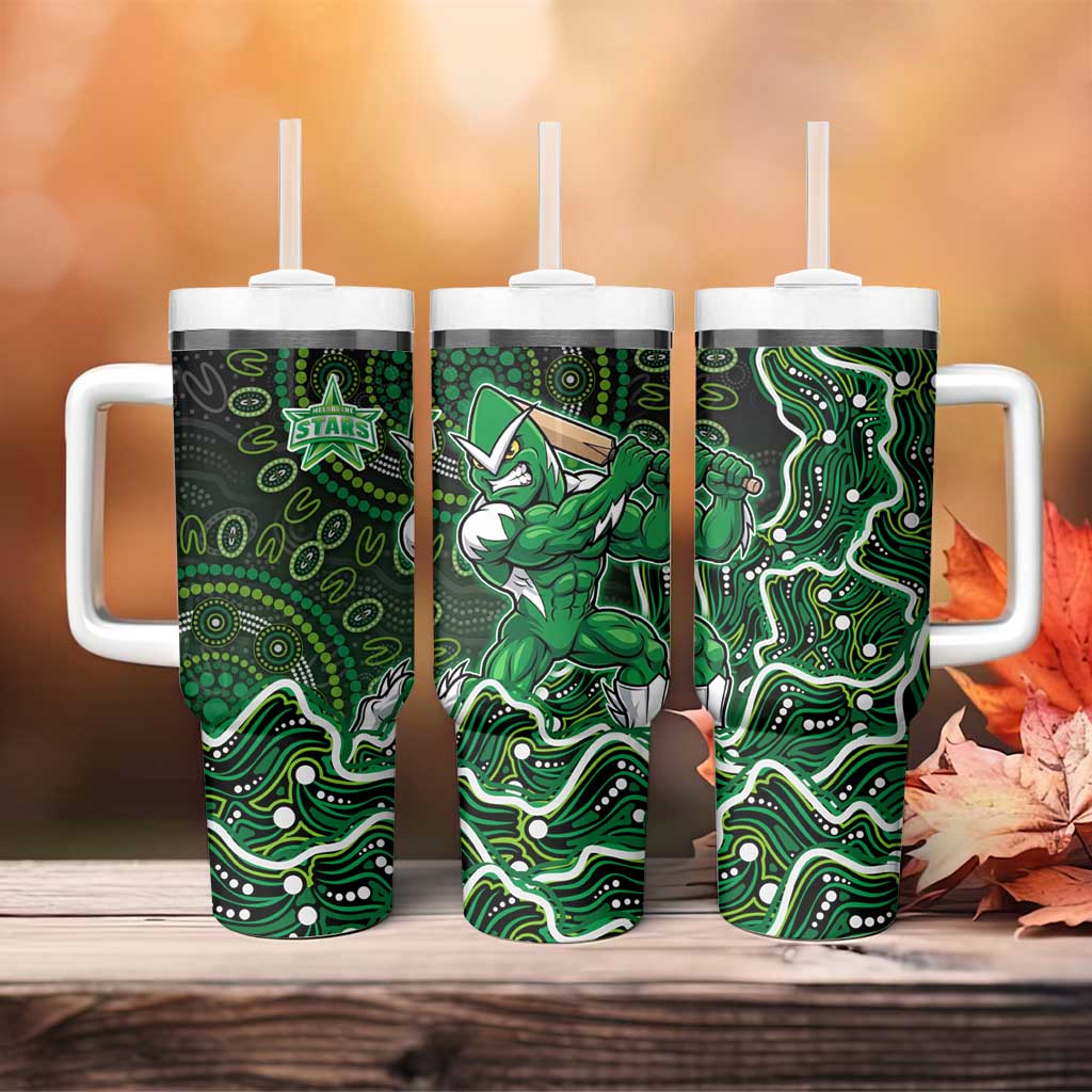 Melbourne Stars Cricket Mascot Tumbler With Handle Aboriginal Dot Art Green And Black Tribal Pattern