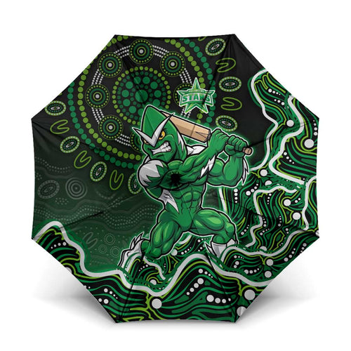Melbourne Stars Cricket Mascot Umbrella Aboriginal Dot Art Green And Black Tribal Pattern
