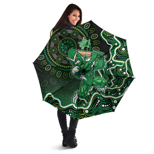 Melbourne Stars Cricket Mascot Umbrella Aboriginal Dot Art Green And Black Tribal Pattern