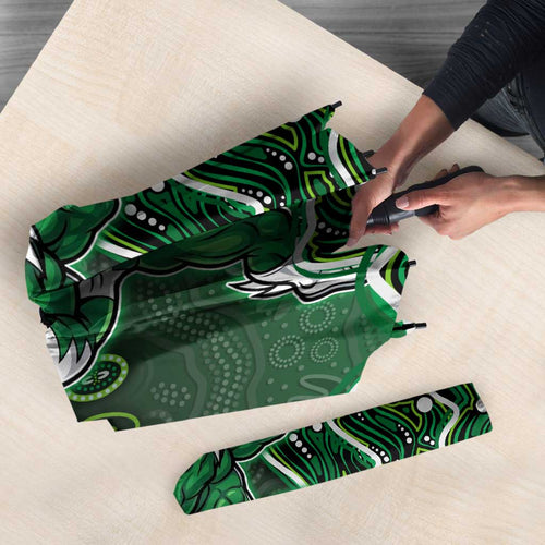 Melbourne Stars Cricket Mascot Umbrella Aboriginal Dot Art Green And Black Tribal Pattern