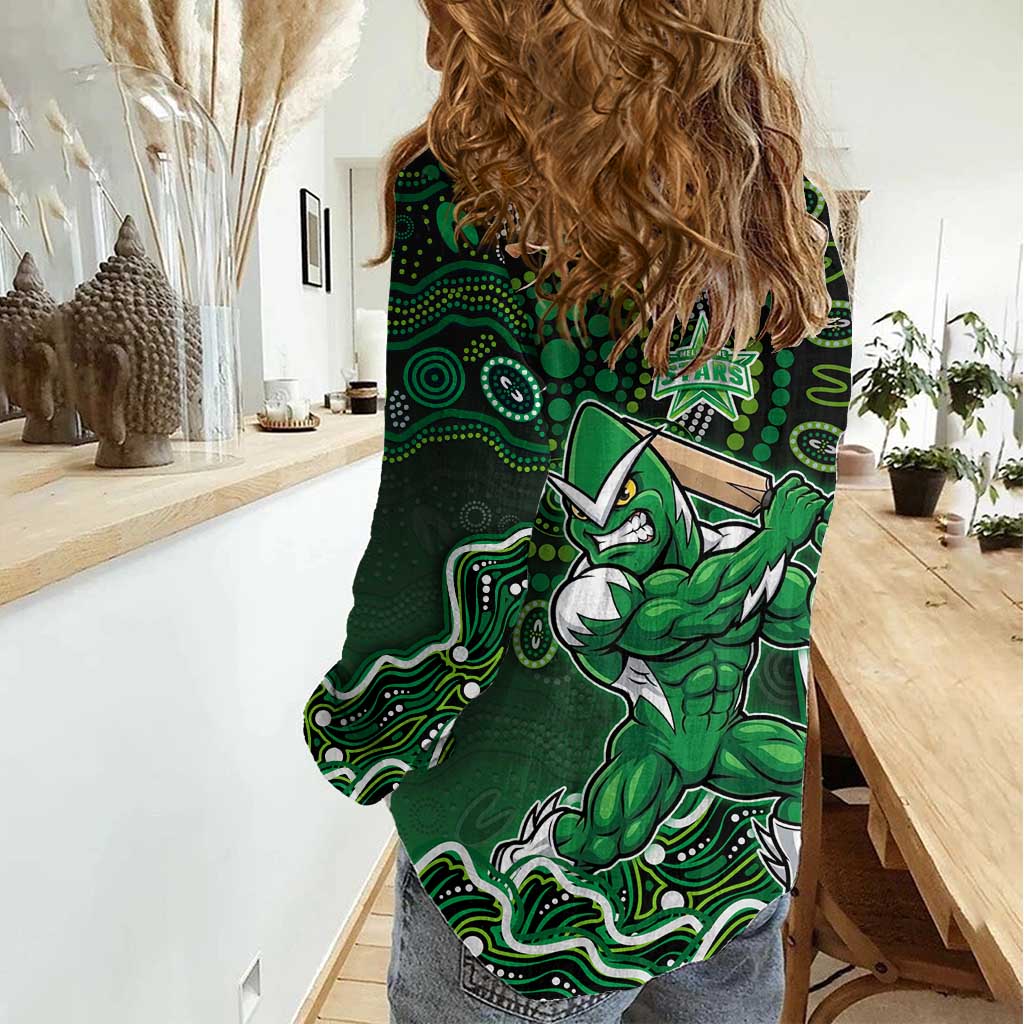 Melbourne Stars Cricket Mascot Women Casual Shirt Aboriginal Dot Art Green And Black Tribal Pattern