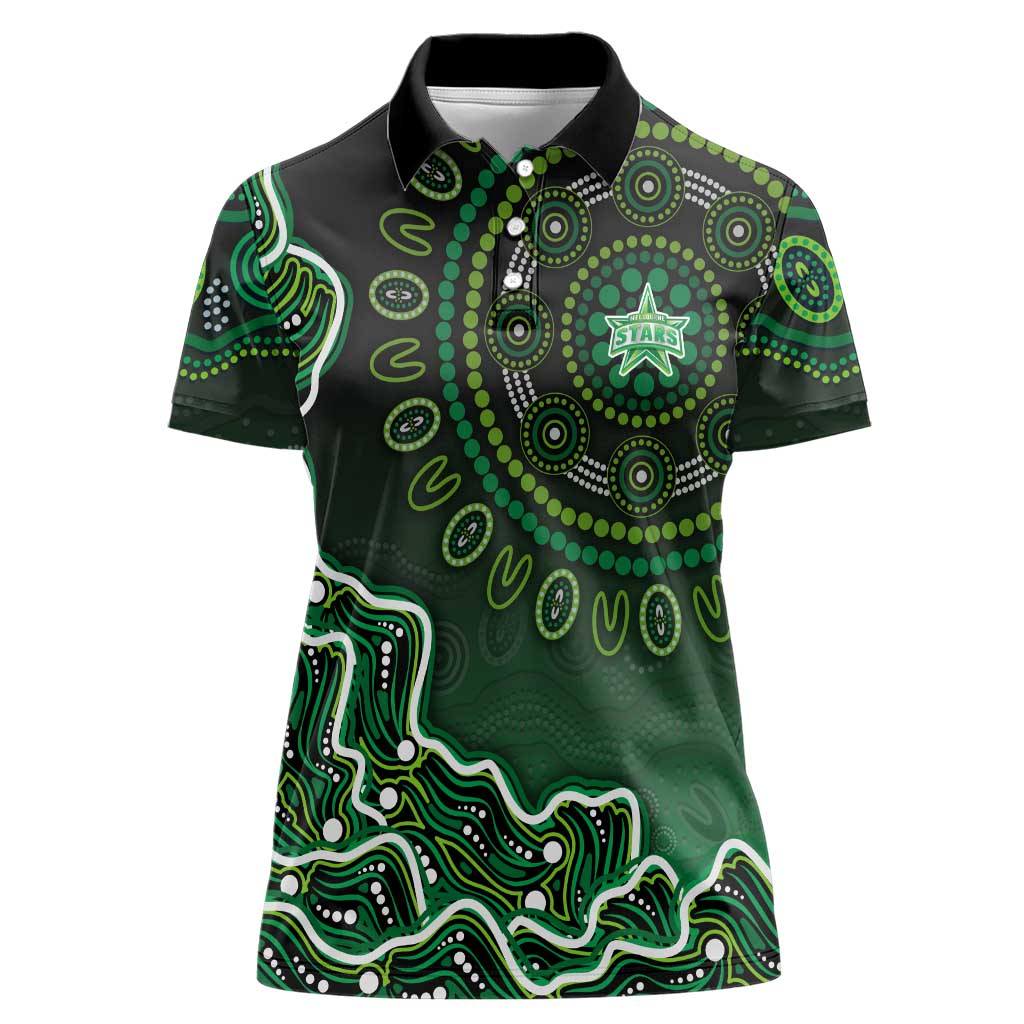 Melbourne Stars Cricket Mascot Women Polo Shirt Aboriginal Dot Art Green And Black Tribal Pattern