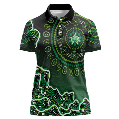 Melbourne Stars Cricket Mascot Women Polo Shirt Aboriginal Dot Art Green And Black Tribal Pattern