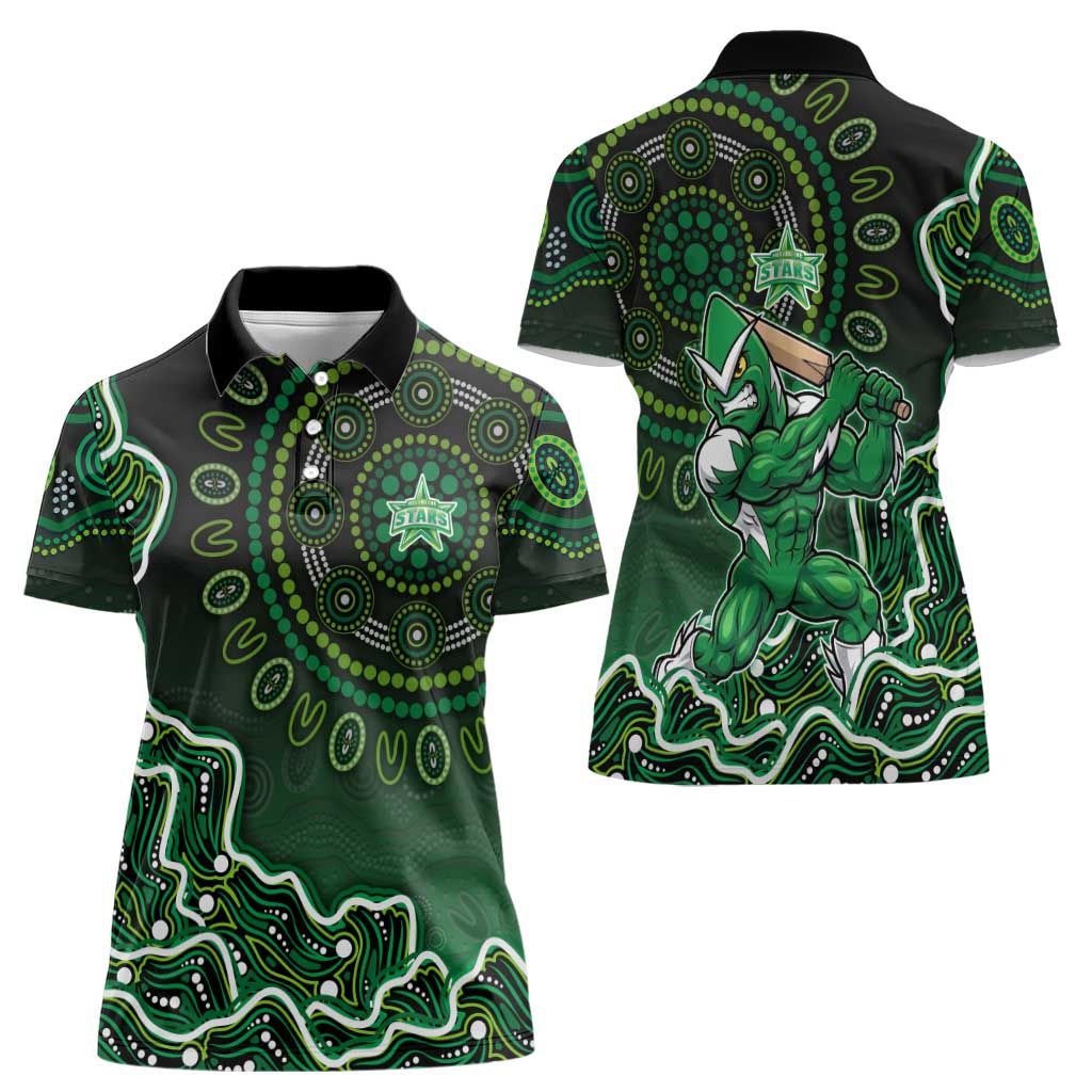 Melbourne Stars Cricket Mascot Women Polo Shirt Aboriginal Dot Art Green And Black Tribal Pattern