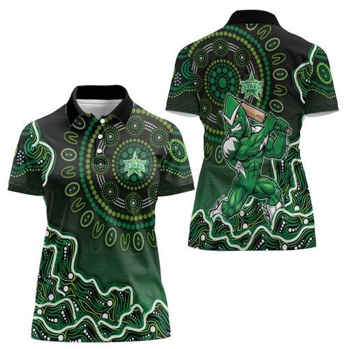 Melbourne Stars Cricket Mascot Women Polo Shirt Aboriginal Dot Art Green And Black Tribal Pattern