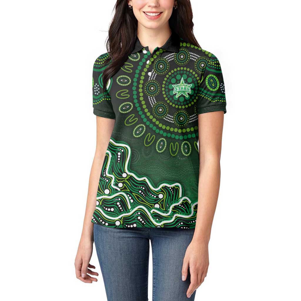 Melbourne Stars Cricket Mascot Women Polo Shirt Aboriginal Dot Art Green And Black Tribal Pattern