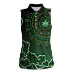 Melbourne Stars Cricket Mascot Women Sleeveless Polo Shirt Aboriginal Dot Art Green And Black Tribal Pattern