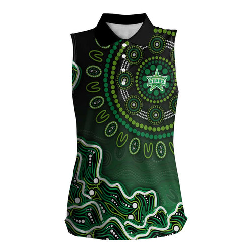 Melbourne Stars Cricket Mascot Women Sleeveless Polo Shirt Aboriginal Dot Art Green And Black Tribal Pattern