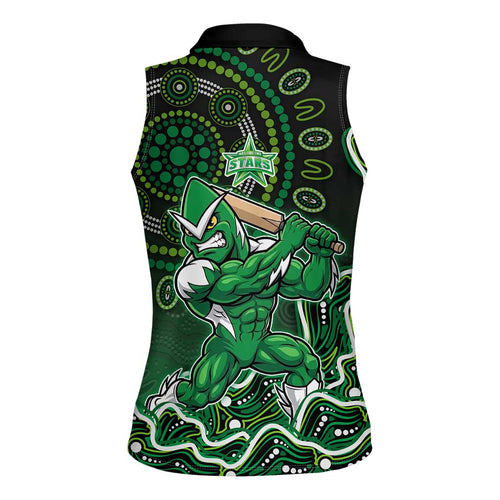 Melbourne Stars Cricket Mascot Women Sleeveless Polo Shirt Aboriginal Dot Art Green And Black Tribal Pattern