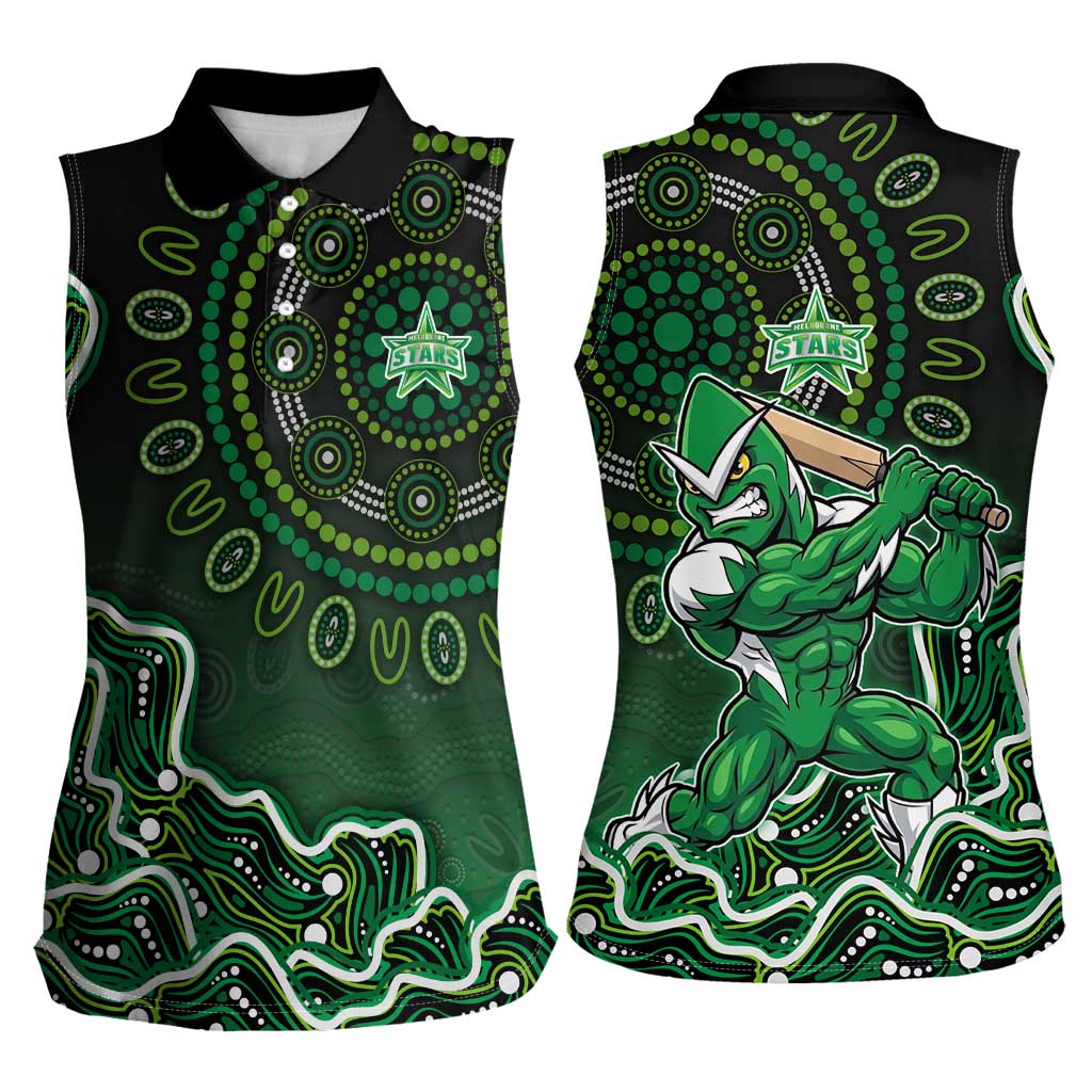 Melbourne Stars Cricket Mascot Women Sleeveless Polo Shirt Aboriginal Dot Art Green And Black Tribal Pattern
