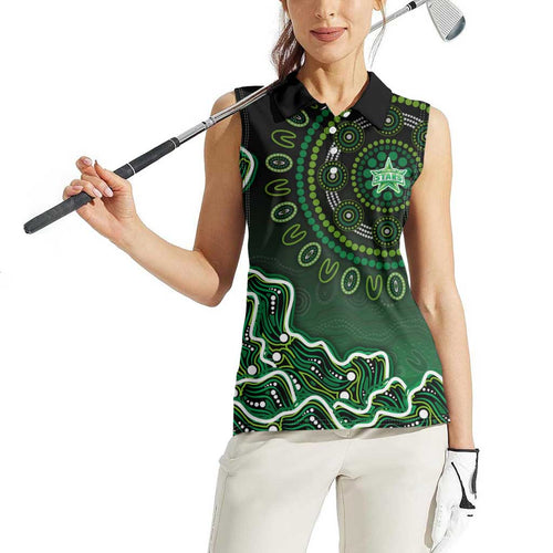 Melbourne Stars Cricket Mascot Women Sleeveless Polo Shirt Aboriginal Dot Art Green And Black Tribal Pattern