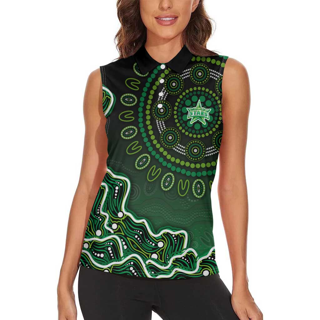 Melbourne Stars Cricket Mascot Women Sleeveless Polo Shirt Aboriginal Dot Art Green And Black Tribal Pattern