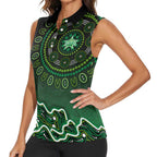 Melbourne Stars Cricket Mascot Women Sleeveless Polo Shirt Aboriginal Dot Art Green And Black Tribal Pattern