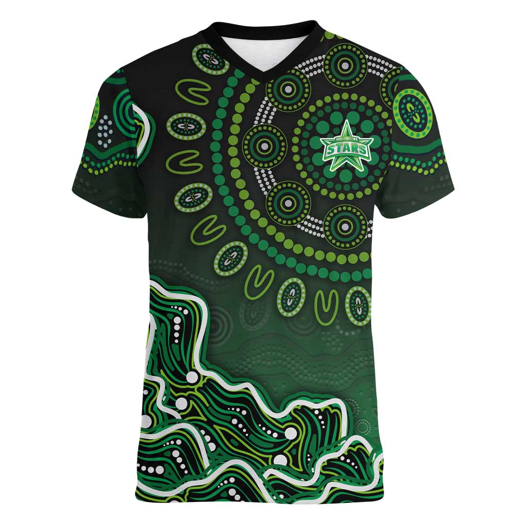 Melbourne Stars Cricket Mascot Women V-Neck T-Shirt Aboriginal Dot Art Green And Black Tribal Pattern